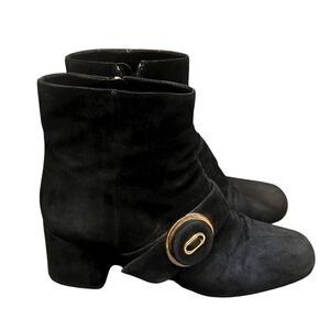 Prada Black Suede Ankle Boots with Gold Accent